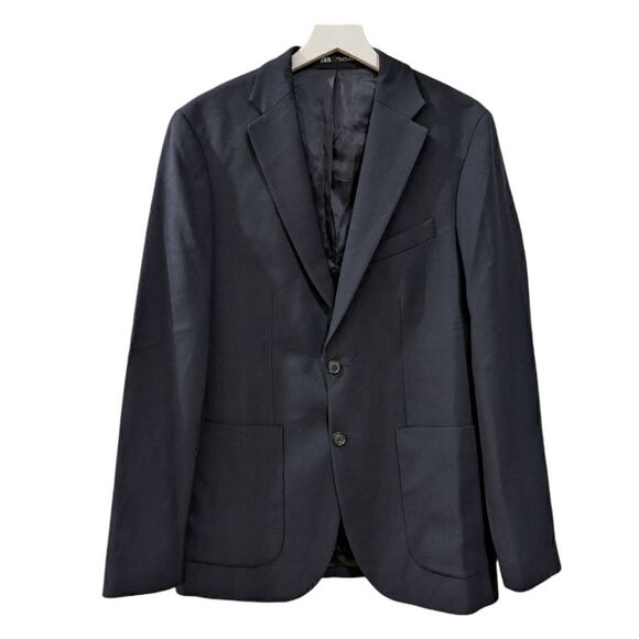 NWOT Zara Men's Navy 100% Wool Two Button Blazer Size L - Picture 1 of 7